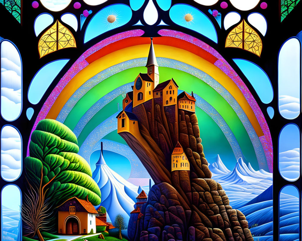 Colorful stained glass window featuring castle, rainbow, trees, house, hills