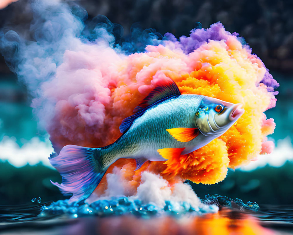 Colorful Fish Surrounded by Cloud-Like Explosive Colors