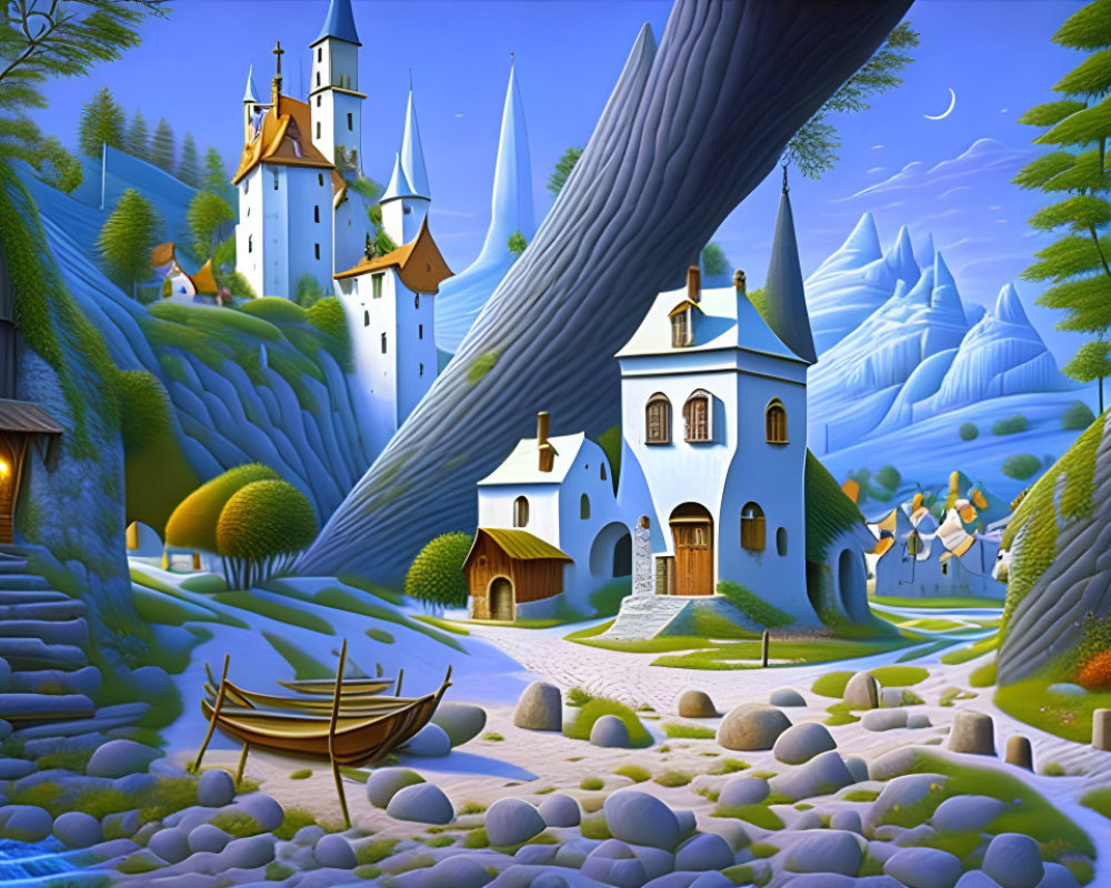 Whimsical digital art: fairy tale landscape with castle, cottages, trees, boat, stream