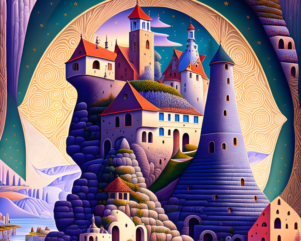 Colorful Fantasy Landscape with Curved Castles and Starry Sky