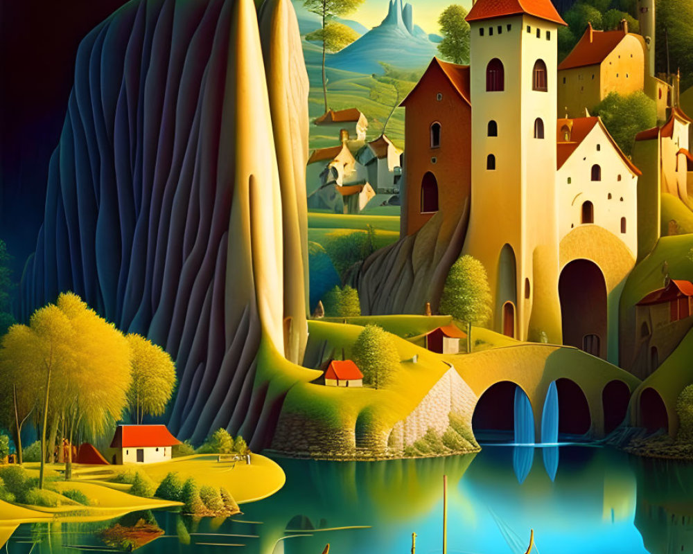 Surreal Landscape: Castles, Cliffs, Medieval Village, Lake, Wooden Boats