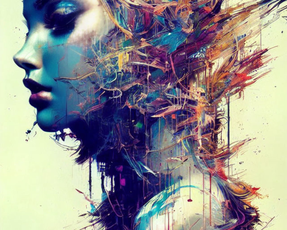 Abstract female profile with colorful streaks on painterly background