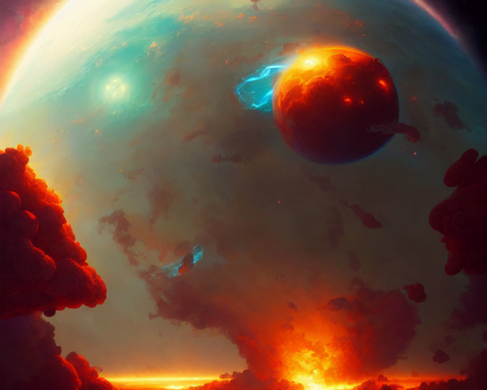 Colorful sci-fi scene with celestial body, fiery clouds, glowing horizon, planets, and space.