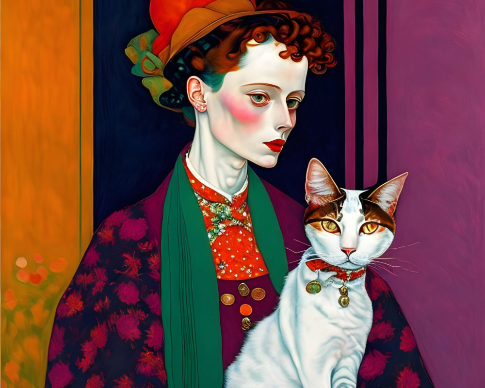 Stylized painting of woman with red hat and cat against colorful backdrop