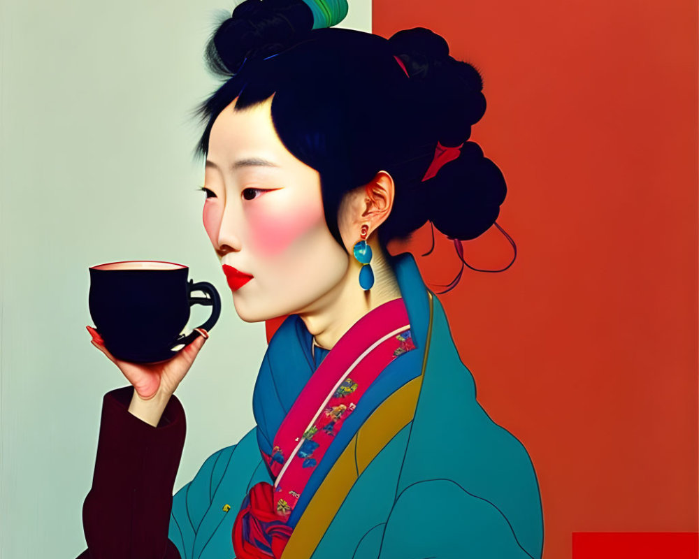 Traditional Asian woman sipping tea in stylized illustration