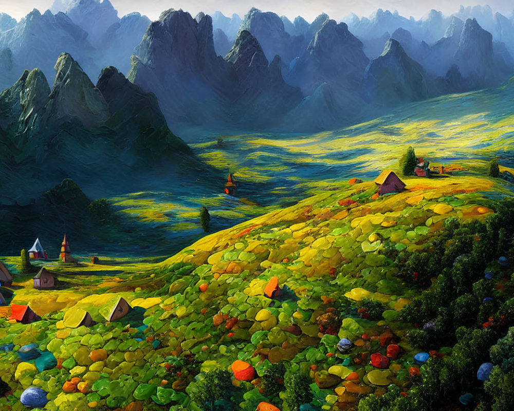 Colorful Landscape Painting: Verdant Valley with Quaint Houses and Church