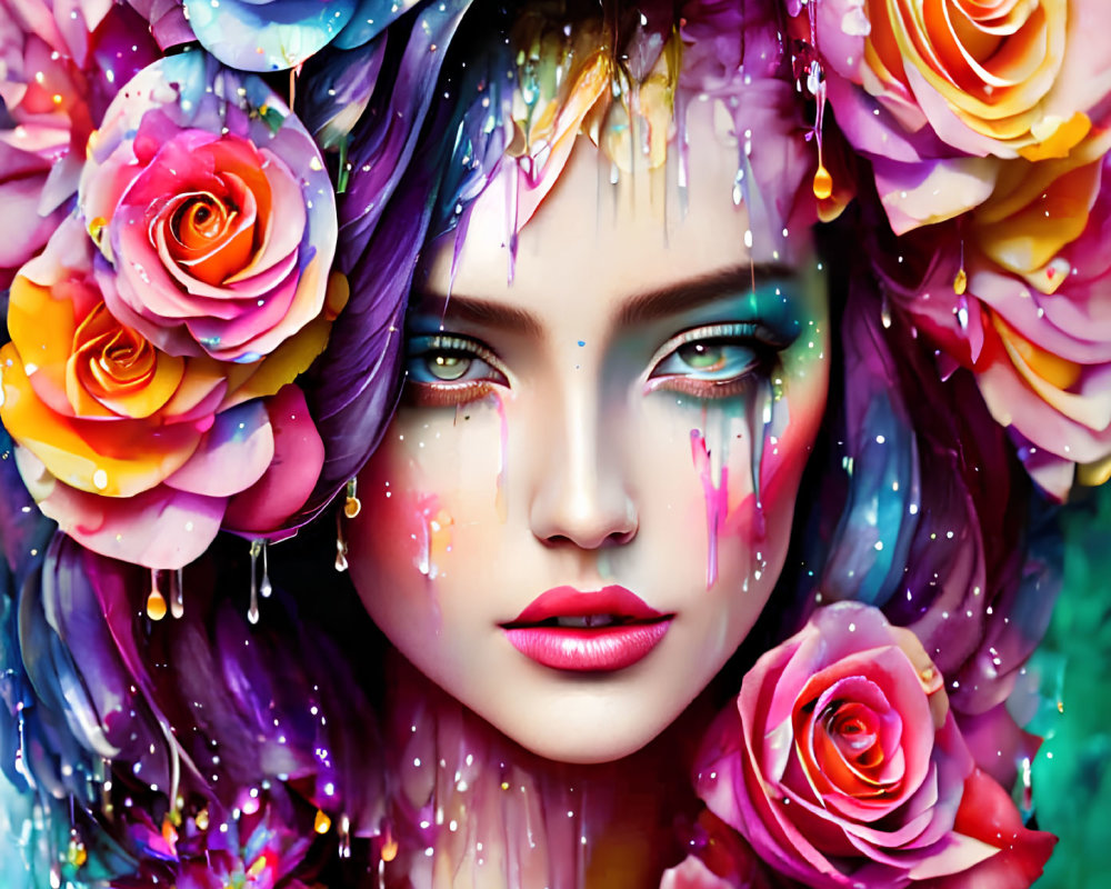 Colorful artwork: Woman with flower crown, roses, and paint drips on teal background