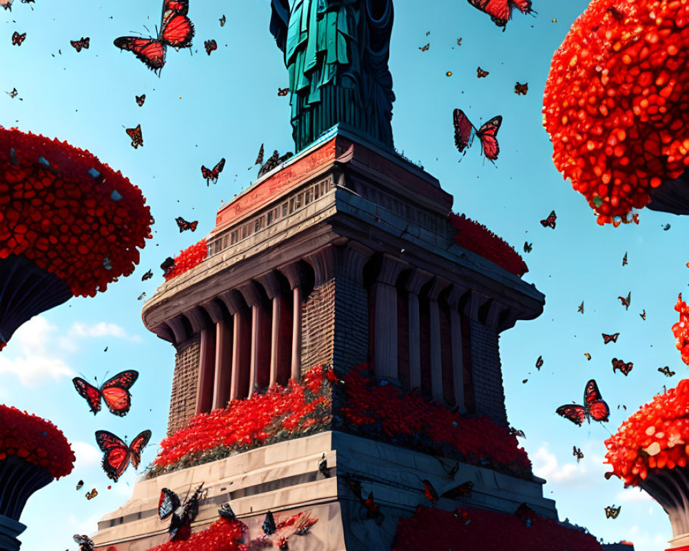 Statue of Liberty surrounded by red trees and butterflies on a blue sky