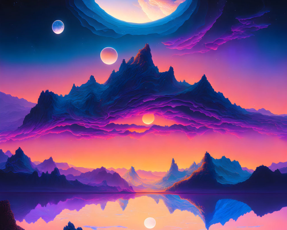 Surreal landscape with purple and pink hues, towering mountains, swirling galaxy, moons, and tranquil