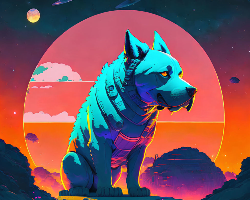 Armored Dog in Sci-Fi Landscape with Red Sun and Flying Saucers