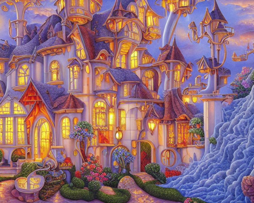 Whimsical glowing castle in lush garden landscape at twilight