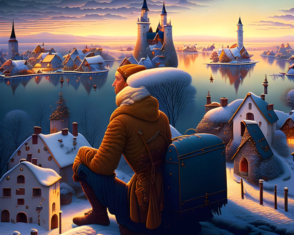 Person in warm attire gazes at serene snow-covered village and castle under twilight sky