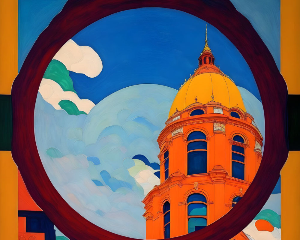 Colorful painting of orange dome building and circular window on yellow background