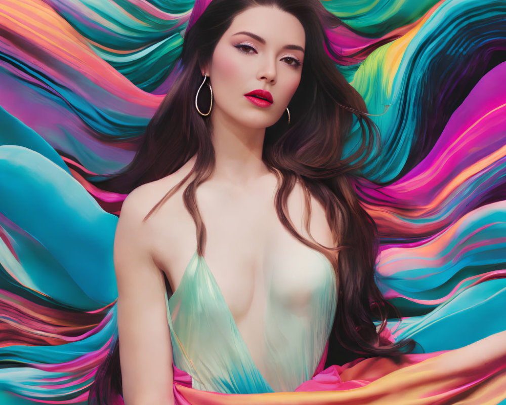 Dark-haired woman in pastel dress against vibrant backdrop