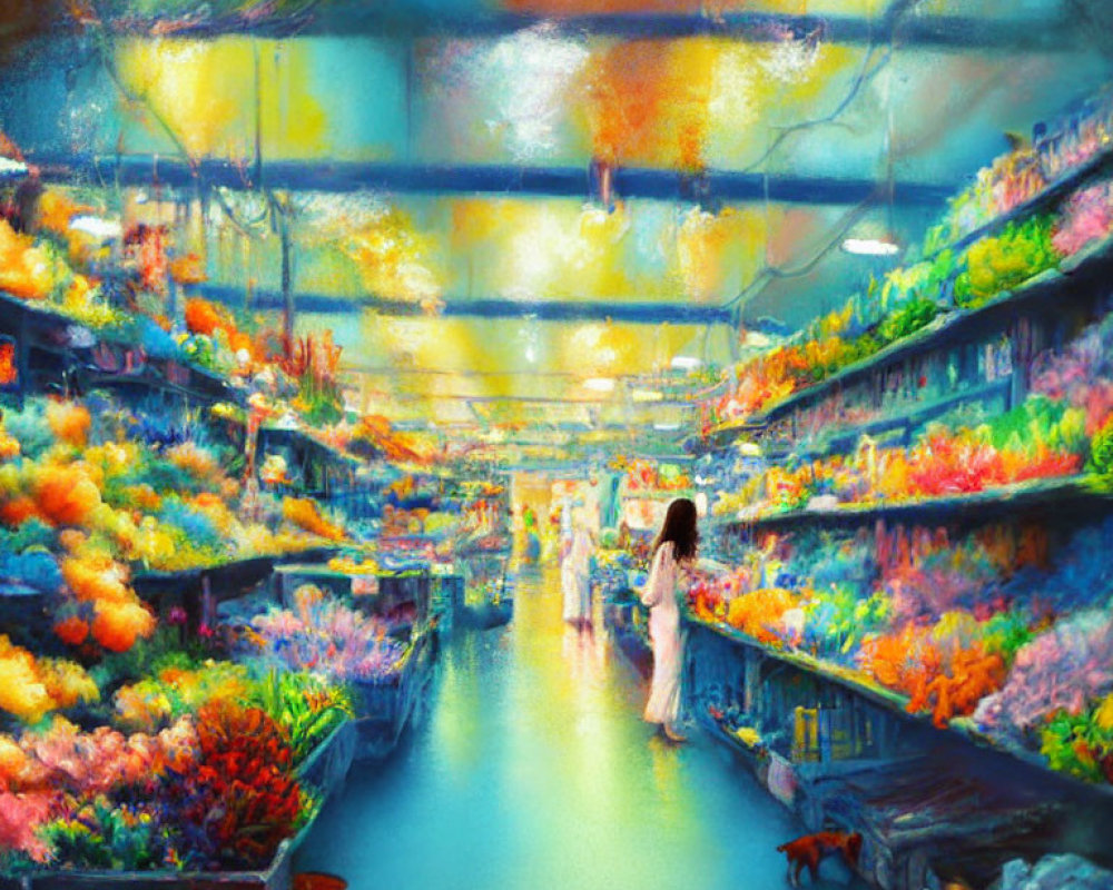 Colorful Person in White Dress Walking Through Dreamlike Supermarket