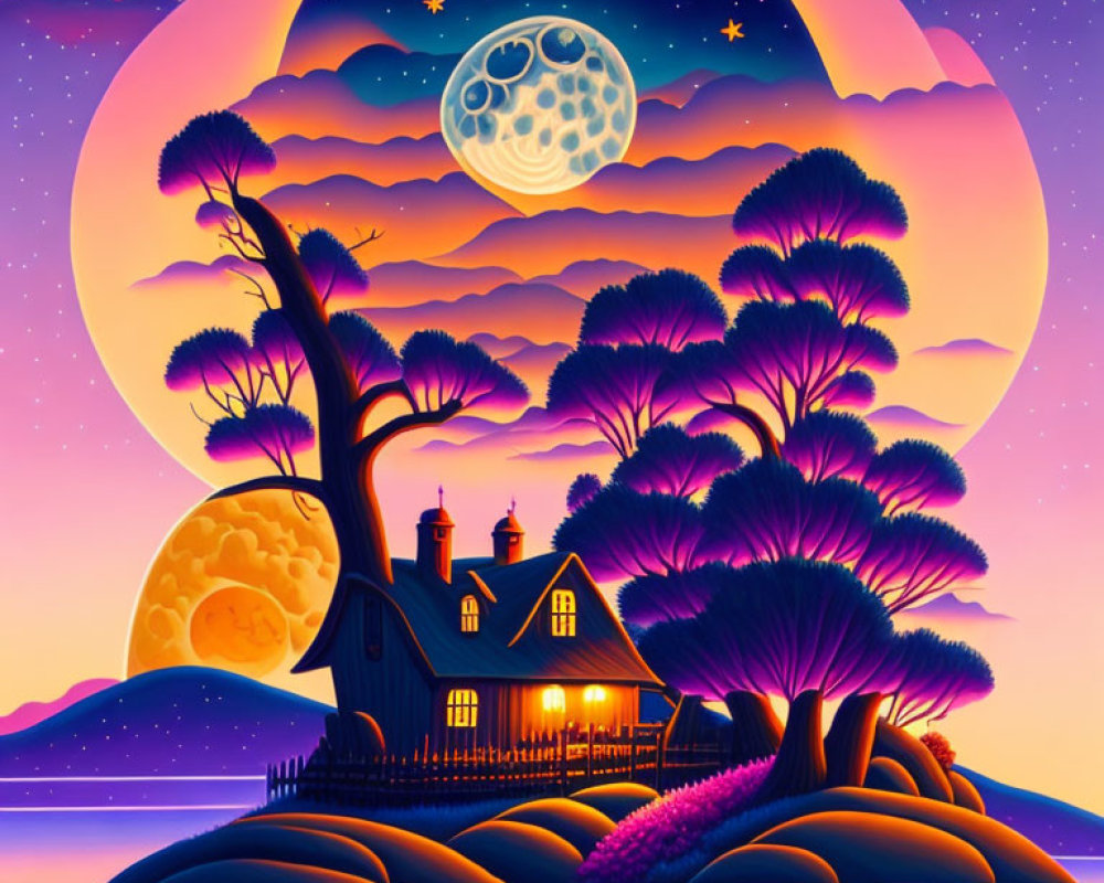 Colorful night scene with cozy house and moon.