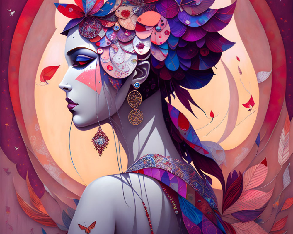 Colorful Woman Illustration with Butterfly Motifs and Floral Elements