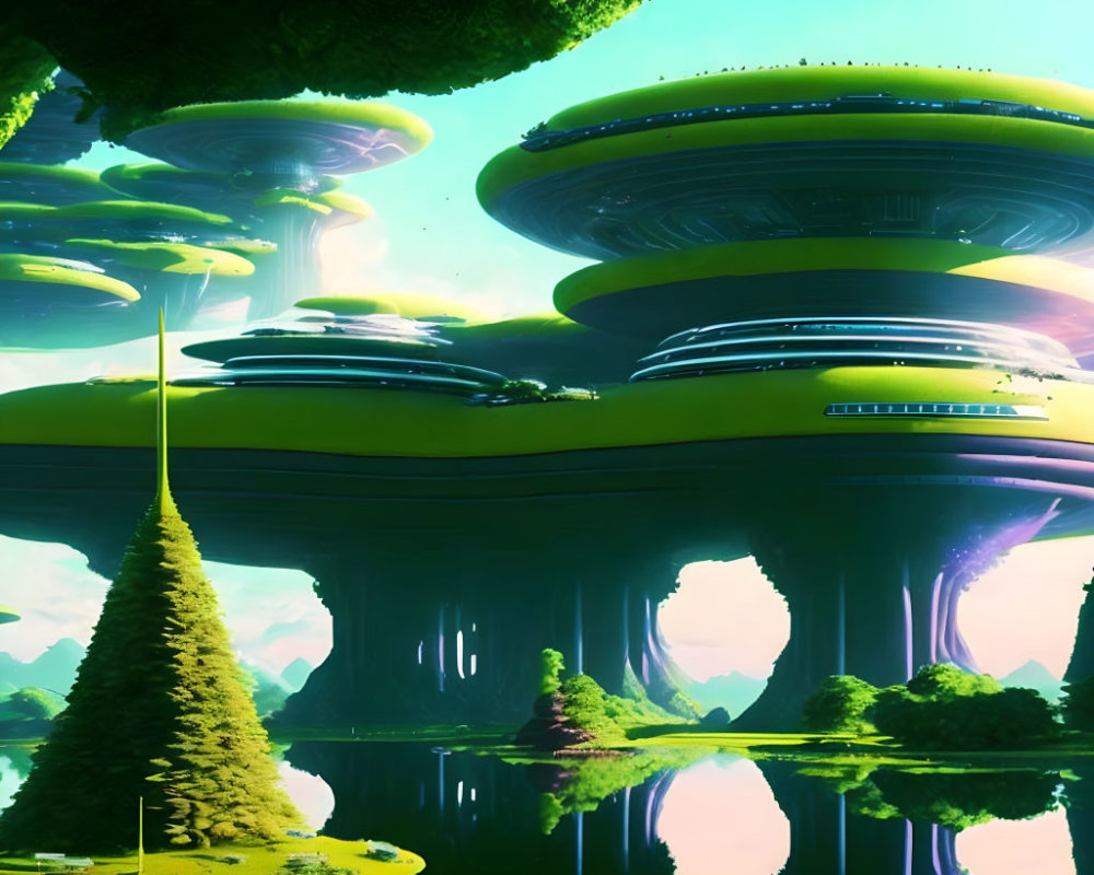 Futuristic cityscape with mushroom-shaped towers and alien sky