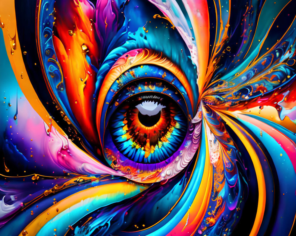 Colorful Liquid Textures Surround Realistic Human Eye