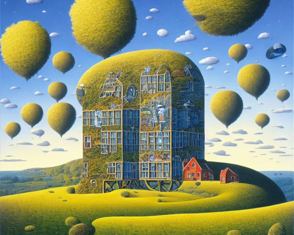 Surreal landscape with treehouse-like building and yellow balloon trees