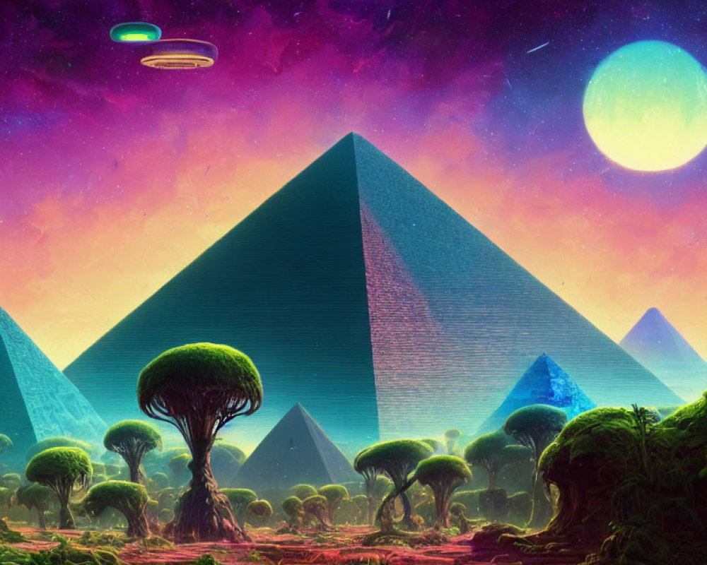 Fantastical landscape with pyramids, exotic trees, purple sky, moon, stars, and UFO