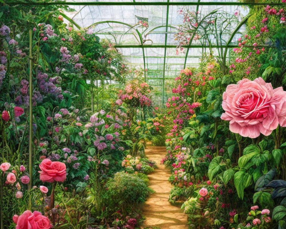 Vibrant pink and red roses in lush greenhouse with green plants