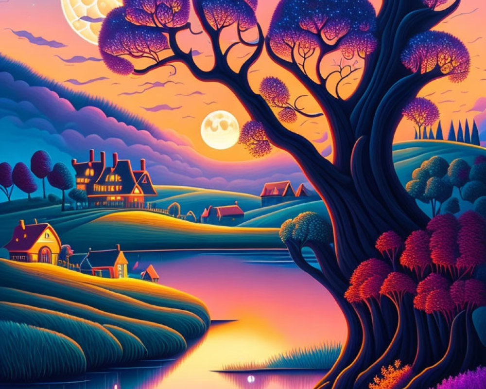 Colorful landscape with tree, houses, hills, moon & water