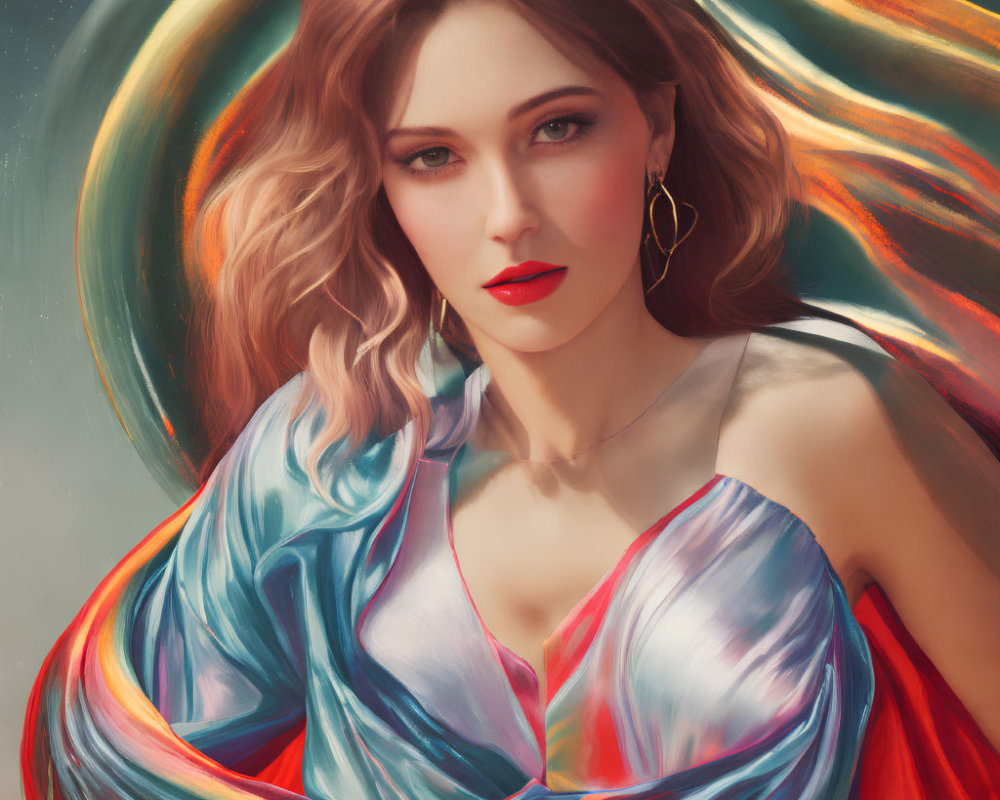 Detailed digital artwork: woman with flowing hair and multicolored scarf.