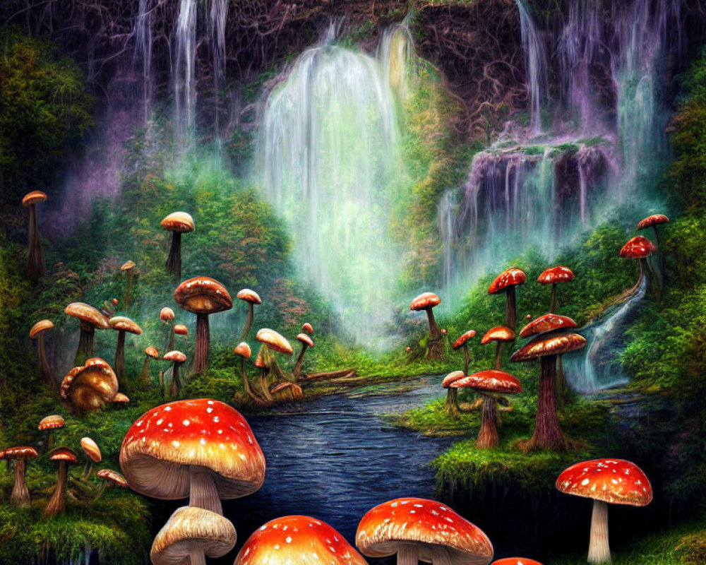 Enchanting Waterfall Surrounded by Vibrant Mushrooms in Mystical Forest