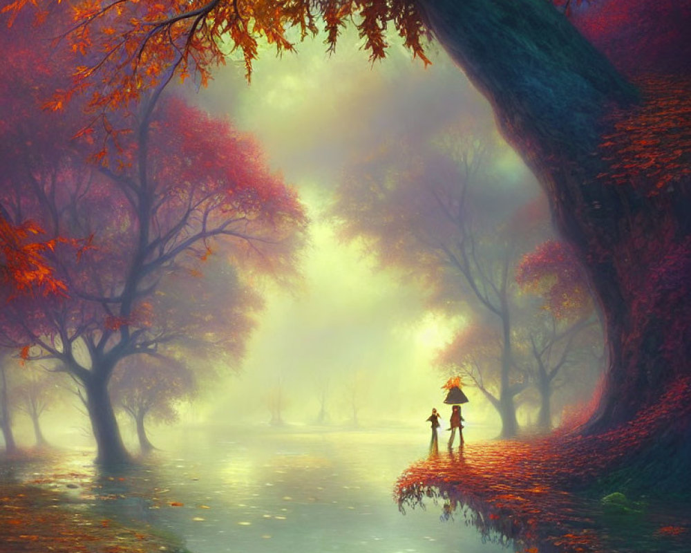 Autumn scene: Two people with umbrella by misty river.