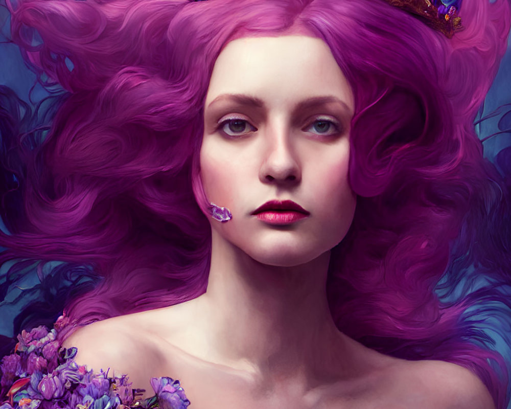 Pink-haired woman with crown surrounded by purple flowers and butterfly.