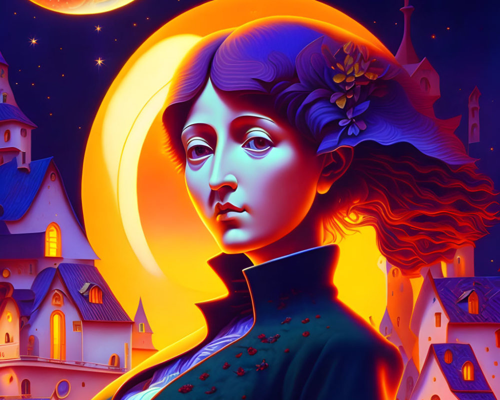 Stylized portrait of woman with glowing moon halo in vibrant blue and orange hues