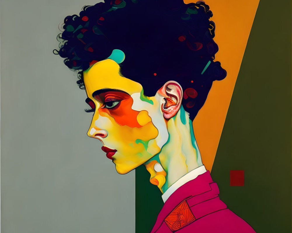 Colorful profile portrait with curly hair on geometric backdrop.