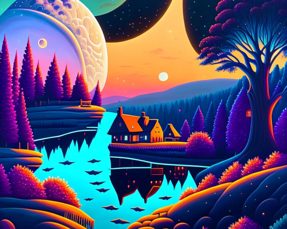 Colorful Nighttime Landscape with Moon, Trees, River & Stars