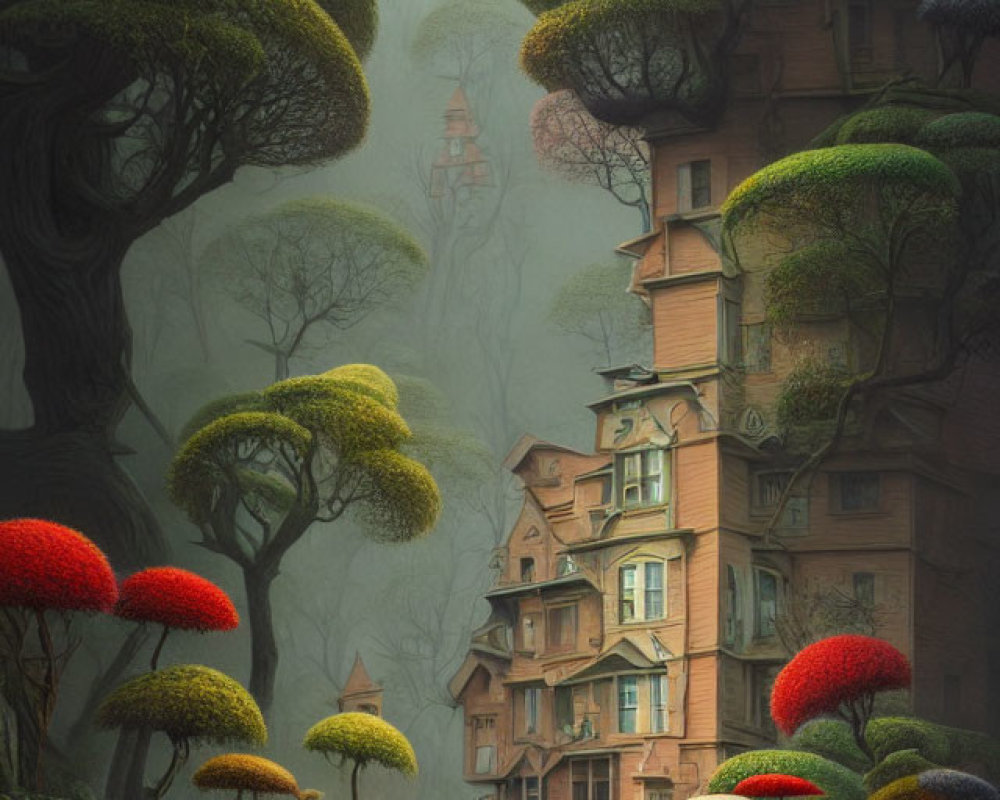 Whimsical forest scene with crooked building and oversized mushroom-like trees