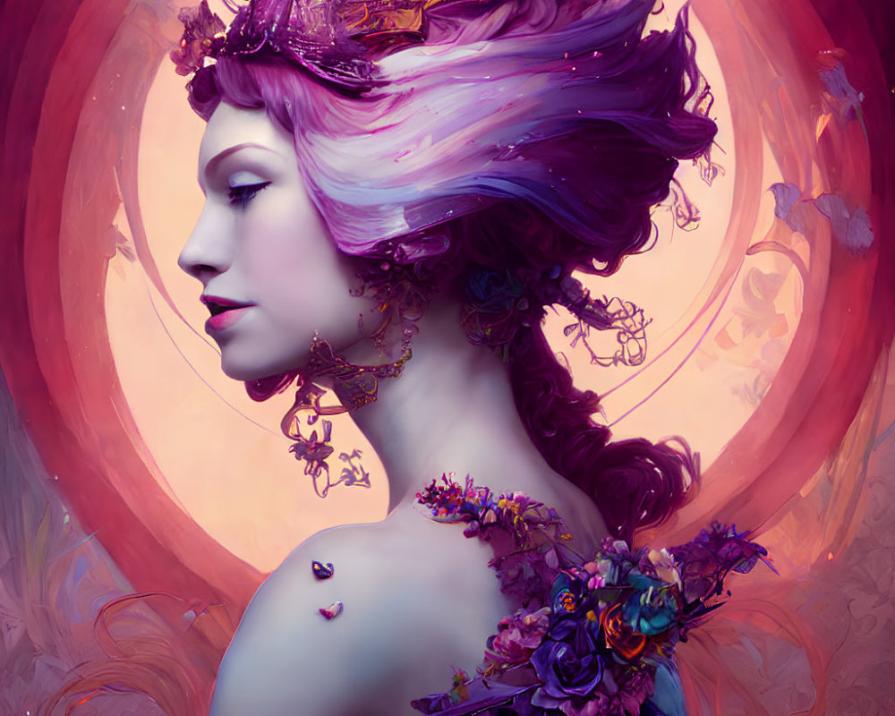 Illustration: Woman with Purple Hair and Floral Crown in Surreal Setting