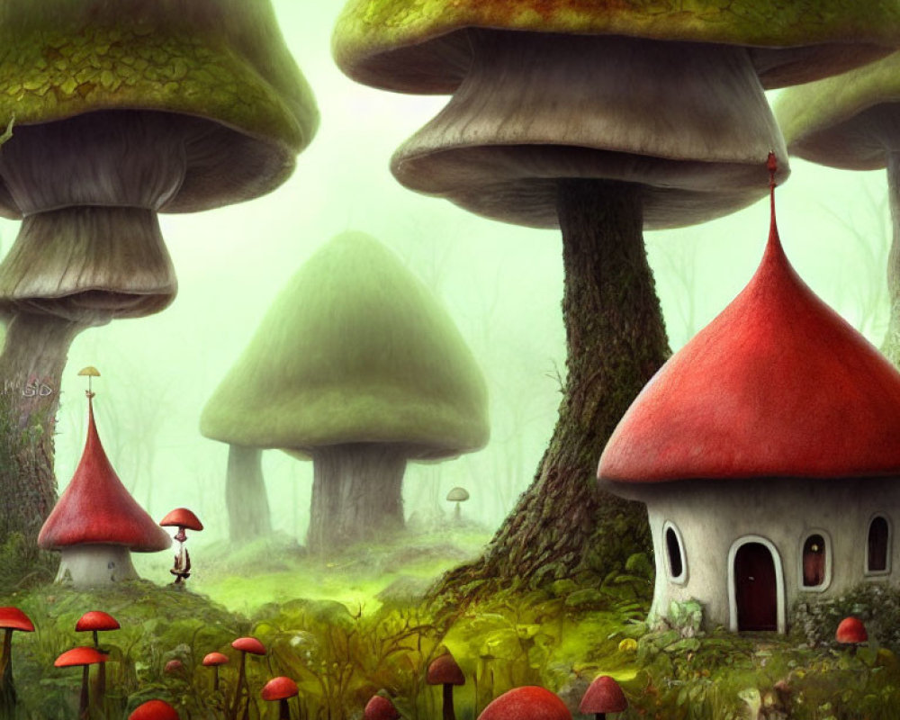 Forest Scene with Oversized Mushroom Structures and Toadstools