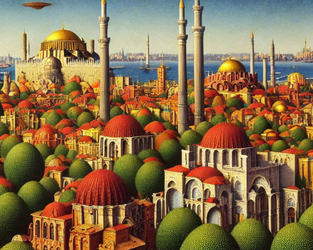 Surreal cityscape: Istanbul landmarks with avocado domes under crescent moon