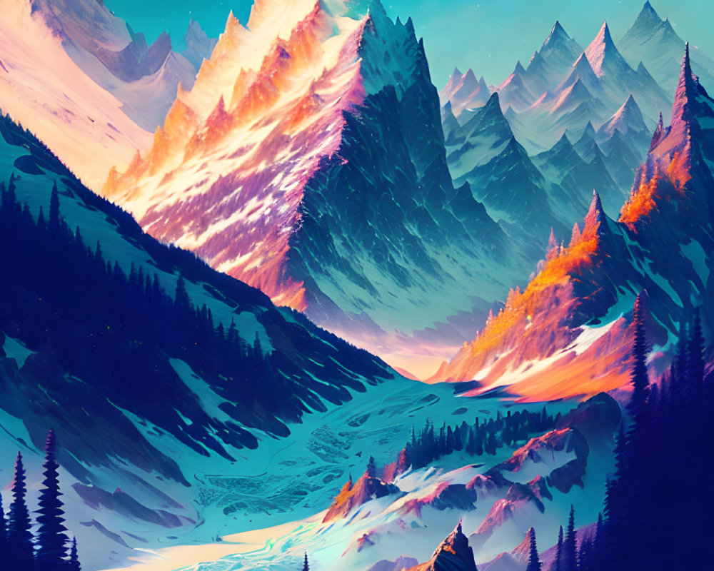 Vibrant sunset mountain landscape with river in blue, orange, and pink