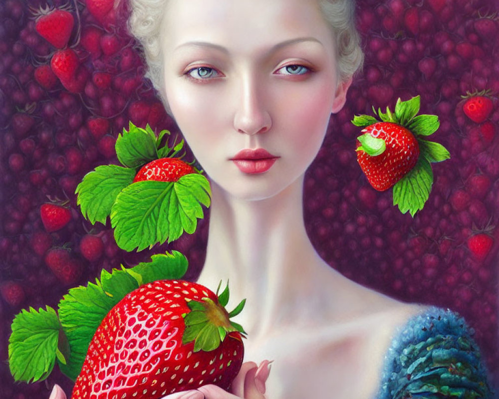 Surreal portrait of person with pale skin holding giant strawberry