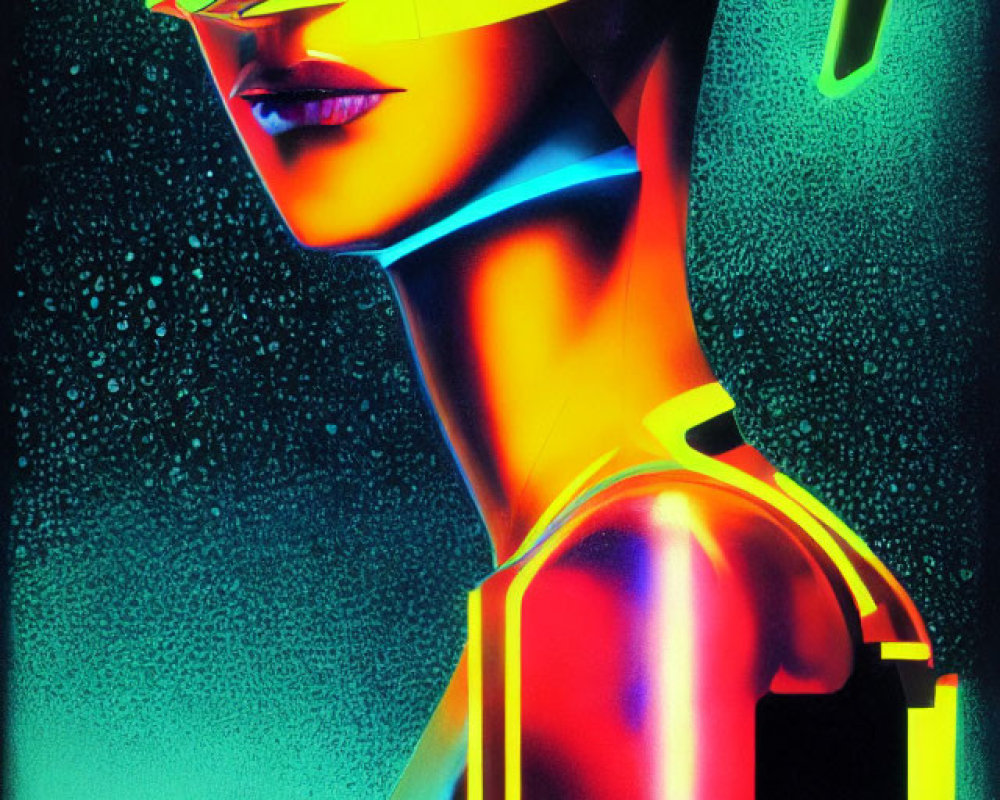 Futuristic female figure with neon-lit visor sunglasses in cyberpunk style