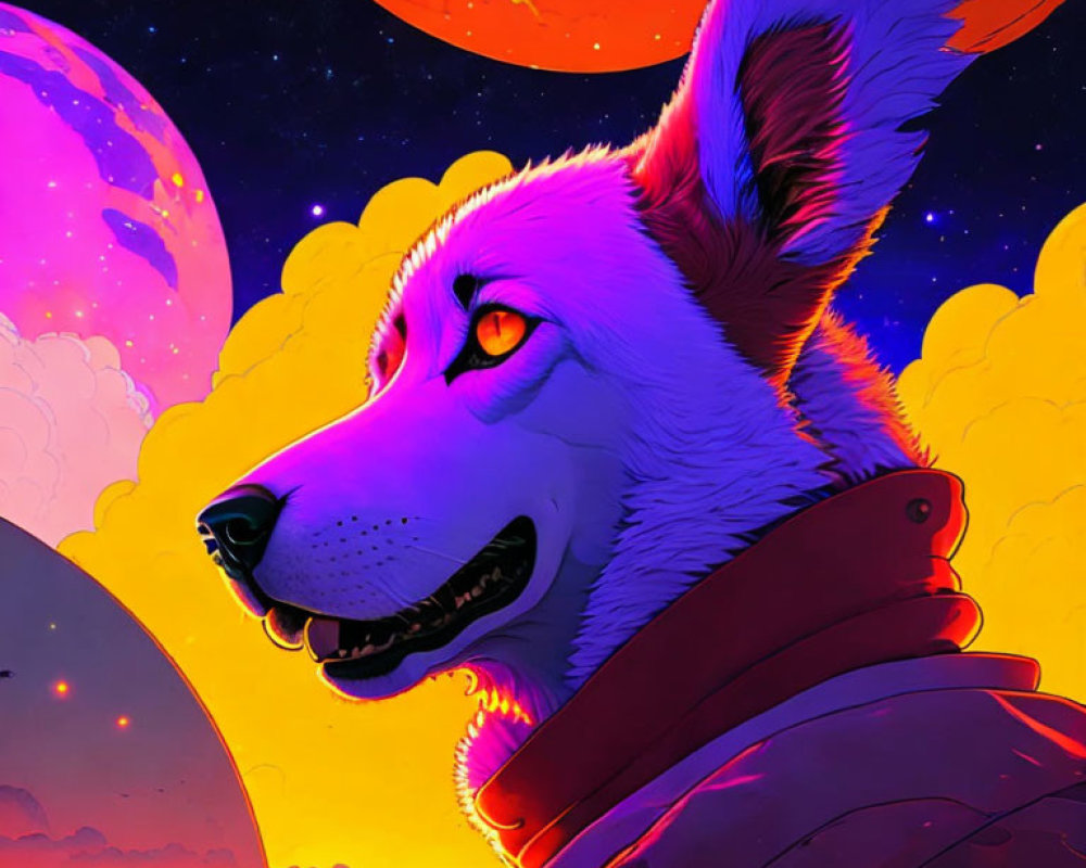 Anthropomorphic wolf art with red eyes and celestial city backdrop