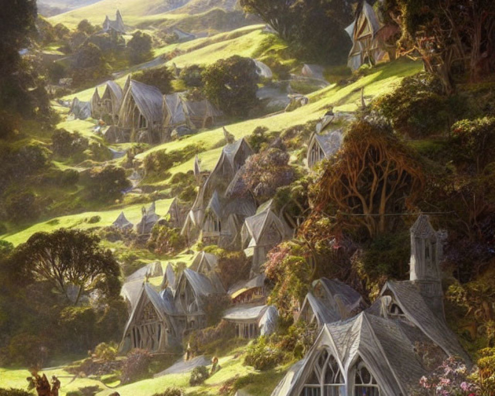 Picturesque fantasy village nestled in lush landscape with quaint houses and towering mountains.