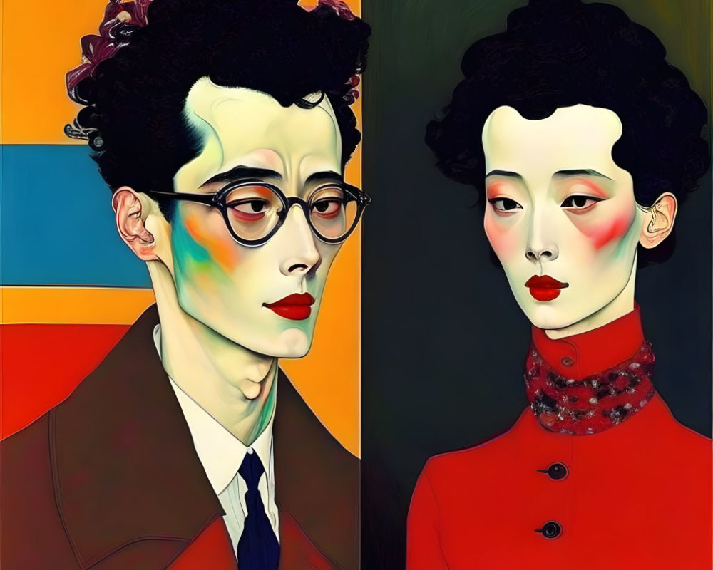 Colorful Stylized Portrait of Man and Woman Against Segmented Background