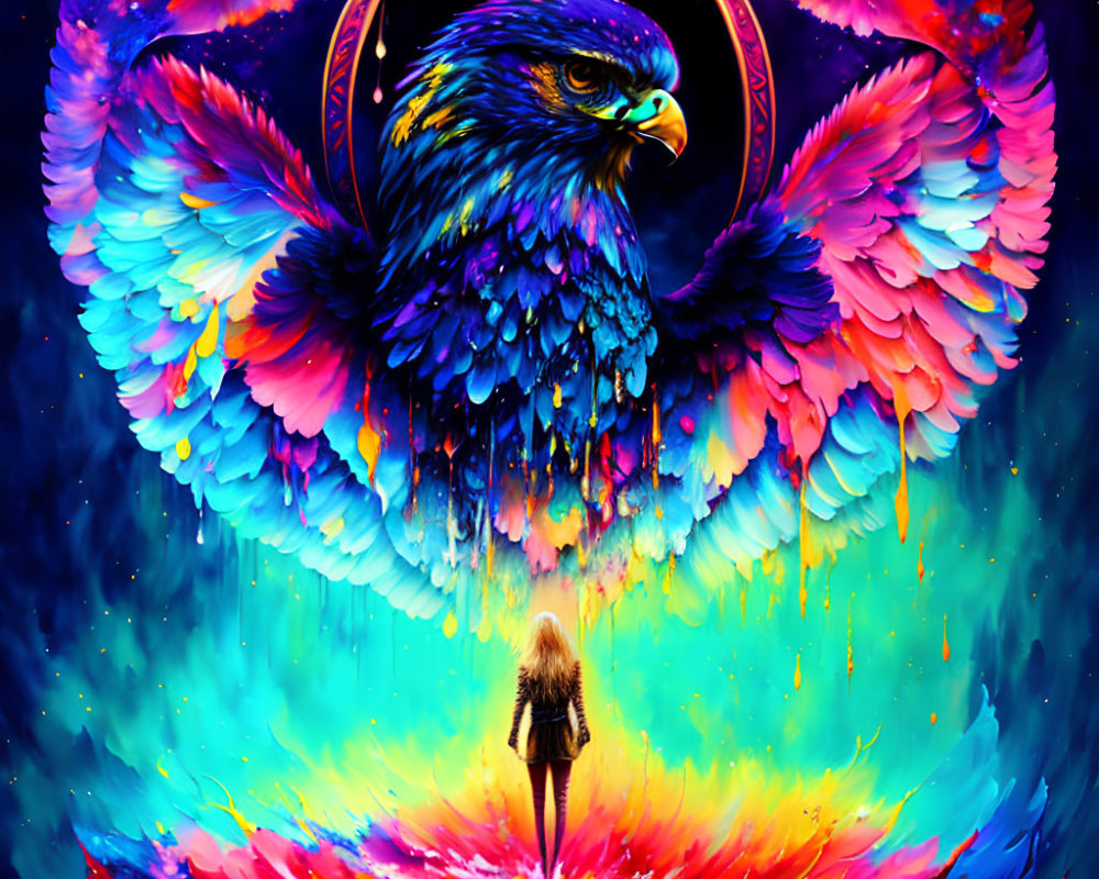 Colorful Phoenix with Expansive Wings in Luminous Ring