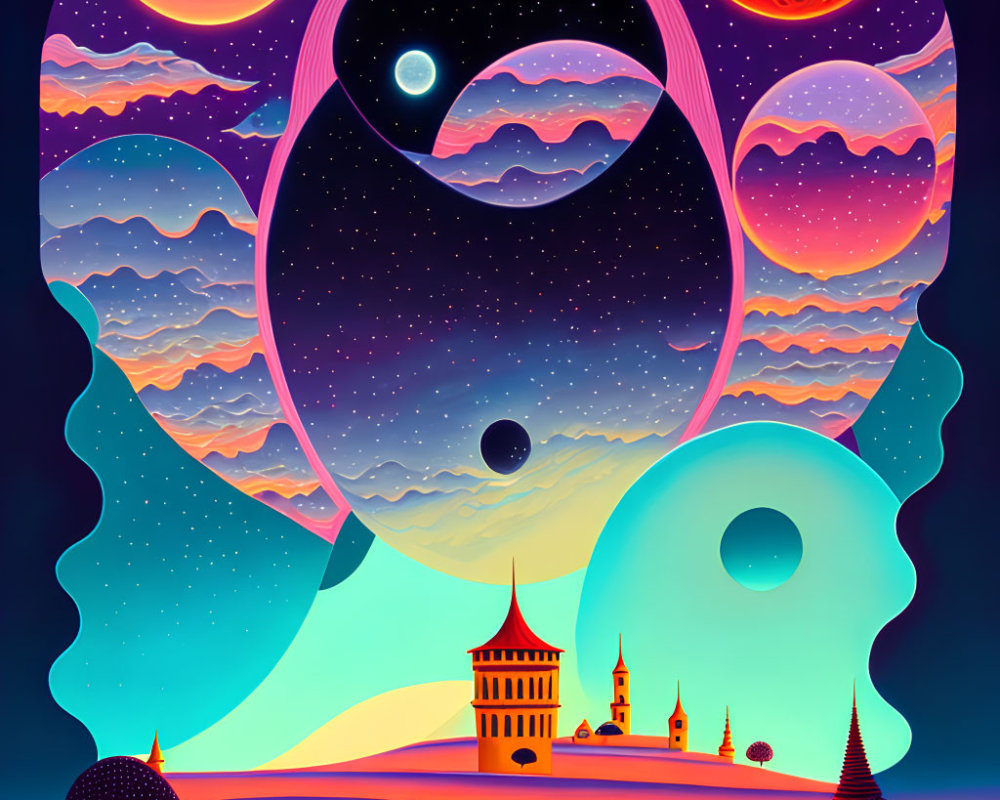 Fantasy landscape with castle, trees, multiple moons, swirling patterns, colorful palette