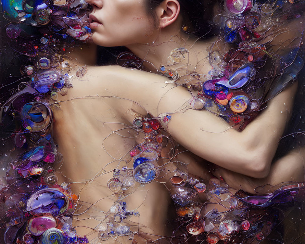 Woman surrounded by iridescent bubbles and circular artifacts in collage