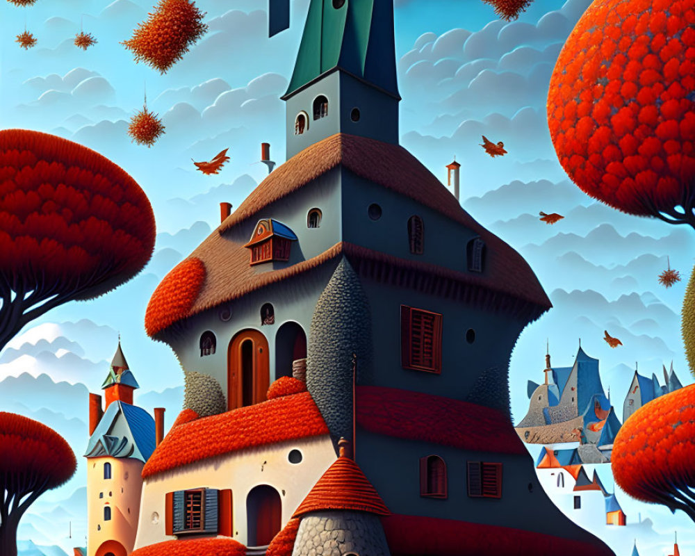 Illustration of whimsical storybook landscape with towering house and orange trees