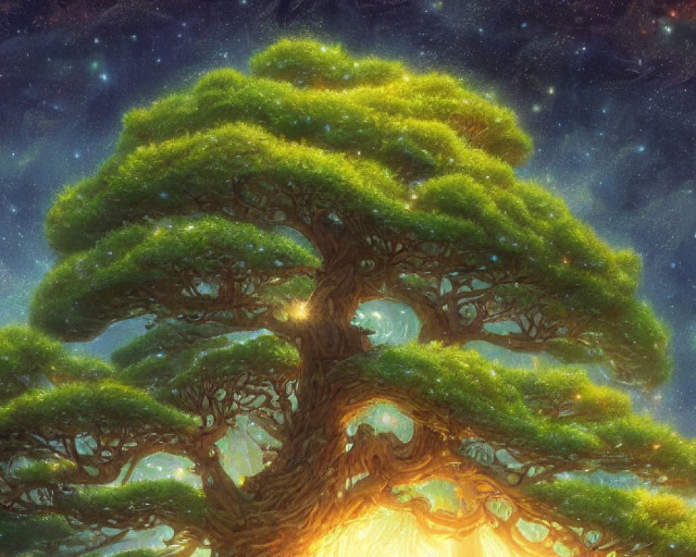 Enchanting grand tree scene under starry sky with figures and small dwellings