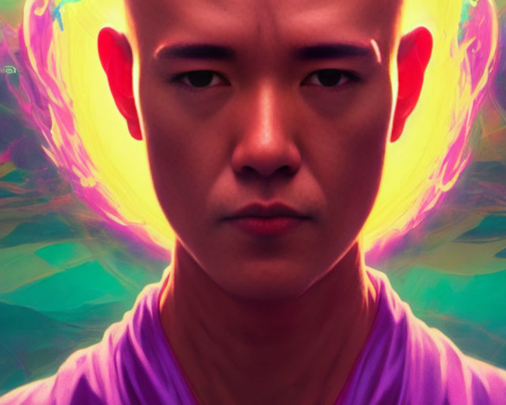 Bald Figure in Purple Robe with Intense Gaze and Glowing Aura